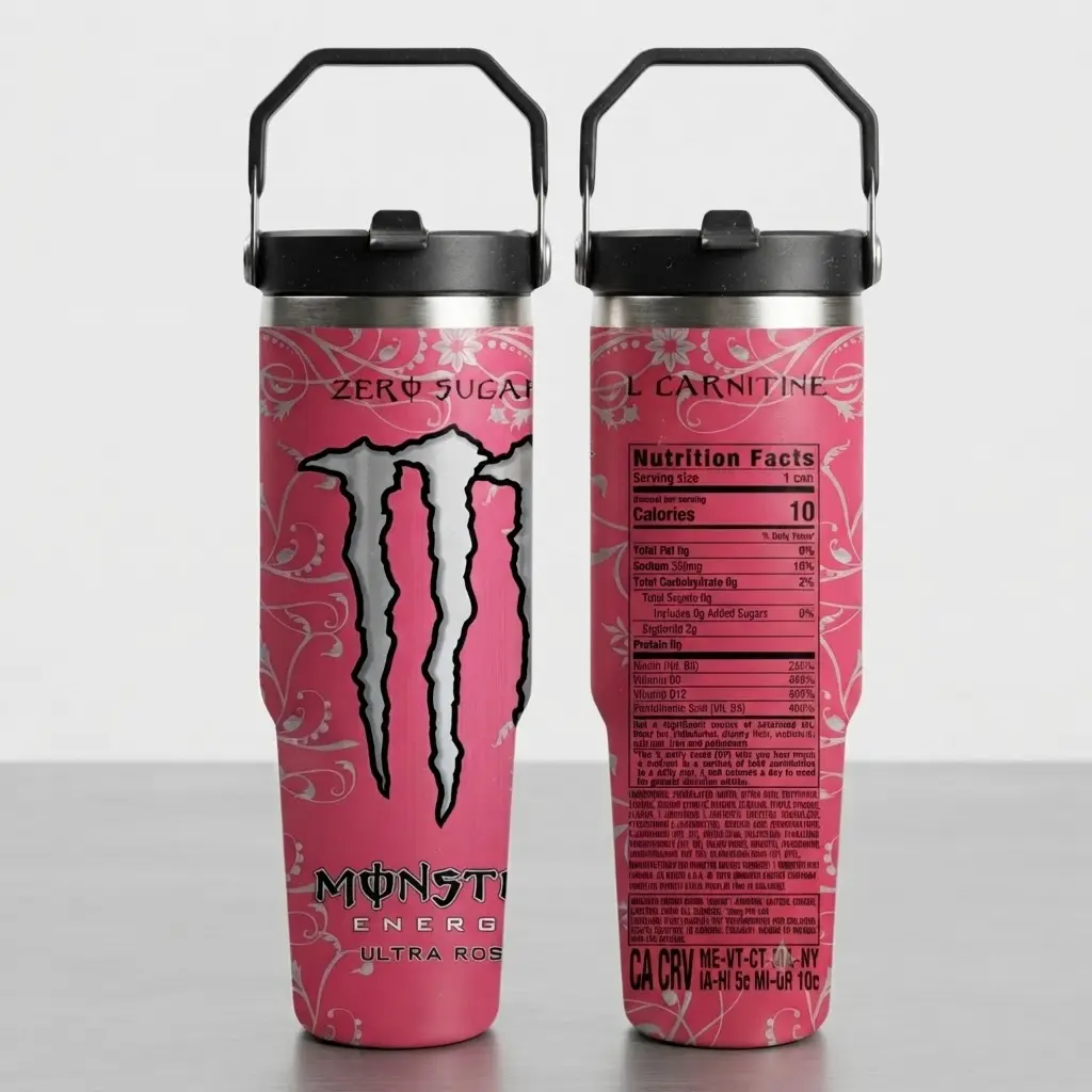 Mon.Energy Inspired Tumbler Cup 30oz With Handle & Straw, Unleash The Best With You Stainless Steel Mug, Perfect For Gym Lovers & Gamers, Aesthetic Rose Mug, Flasks Viral Gift Idea 2026