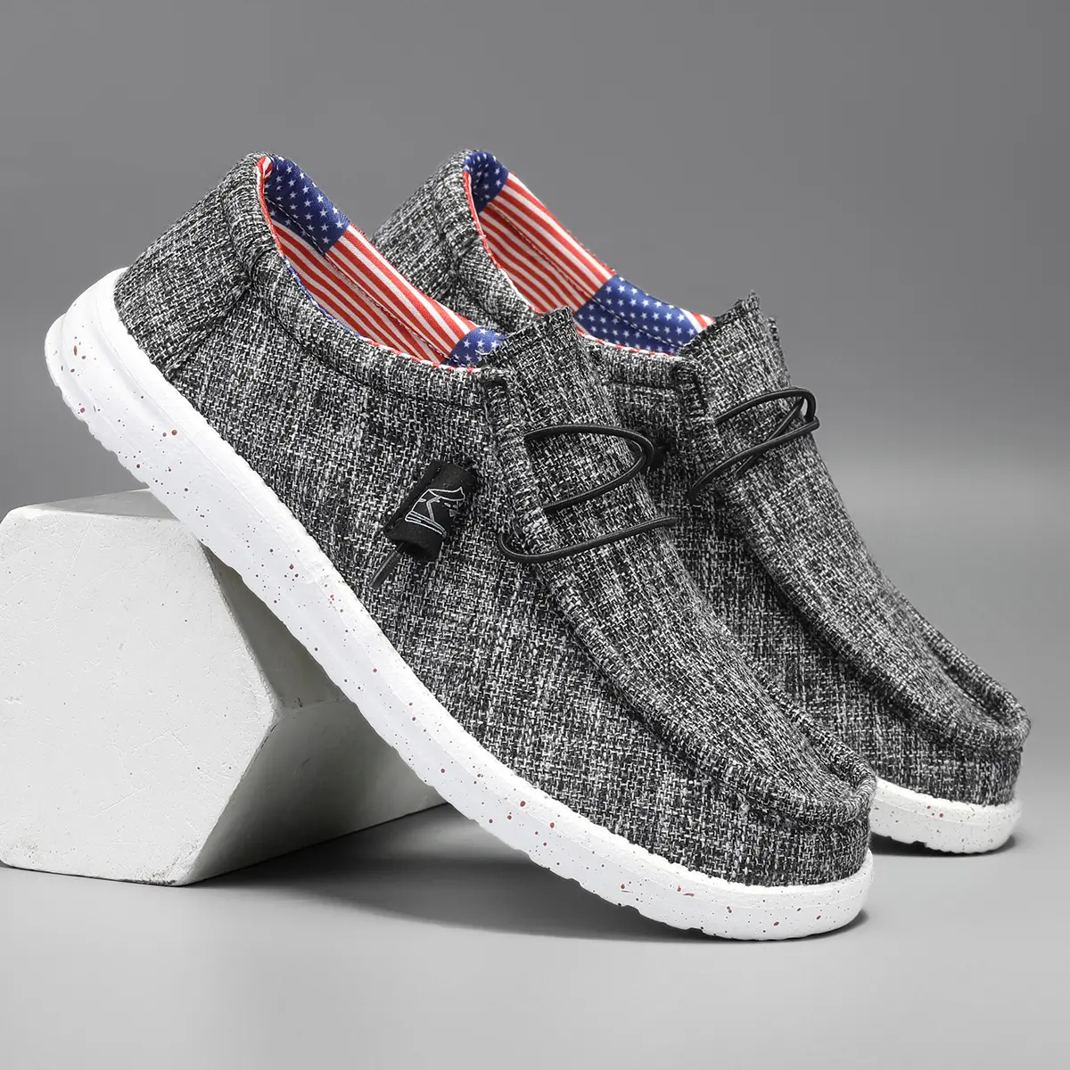 Casual Canvas Slip-On Shoes – Men's Heather Gray Walking Loafers with Patriotic Flag Lining, Lightweight Travel & Everyday Comfort Footwear