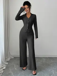 Elegant Two-Piece Set Fashion Button Shirt & Loose Pants, Stylish Casual Fitted Spring for Women, Comfortable and Trendy Clothing