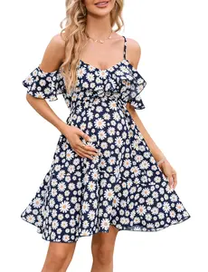 YESFASHION Maternity Nursing Dress Womens V-Neck Spaghetti Strap Ruffle Sleeve Daisy Printed A-Line Tiered Flowy Swing Dress Navy M