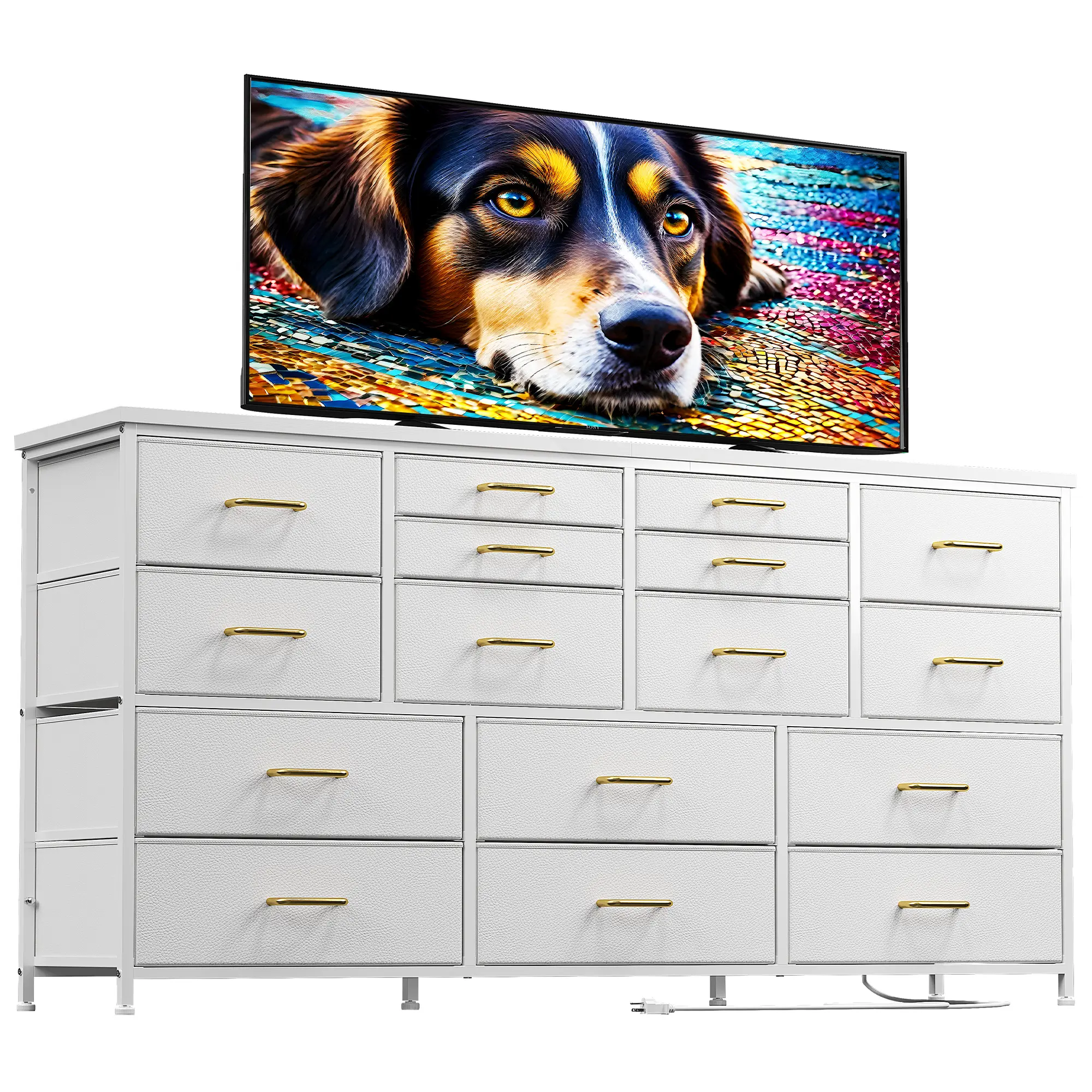 Raybee Furniture Dresser TV Stand with 13/16 Storage Drawers, 3 Power Outlets, Water-Resistant Top, Multifunctional Design for Living Room & Bedroom