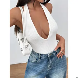 Casual Style Bodysuit Backless Neck s Flirla Women Deep V - Tight - Fitting Minimalist Fashionable