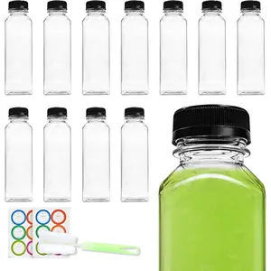 12 count 16 oz Plastic Juice Bottles with Cap, Disposable Clear Juicing Containers with  Stickers Brush  Funnel,  Empty Bottles for Drink Smoothies Beverages Iced Coffee Shakes