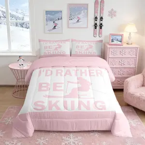 Skiing Theme Bedding Set,Pink Skier Skis Silhouette Decor Comforter Set for Kids Girls Teens Adults,Geometric Simple Plaid Patchwork Comforter Duvet Set