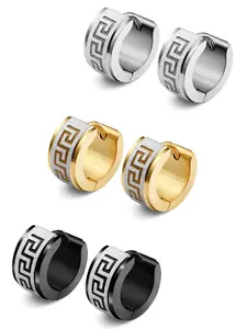 Men's Stainless Steel Huggie Earrings Set, High Quality Earrings, Unique Greek Key Design, Casual Fashion Jewelry for All Seasons, Unisex Durable Ear Piercing Accessories