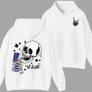 R3dbull Til Death Graphic Hoodie, 2-Sided Energy Drink Bull Parody Hoodie, Vintage Streetwear Pullover, Casual Unisex Hoodie for Men & Women