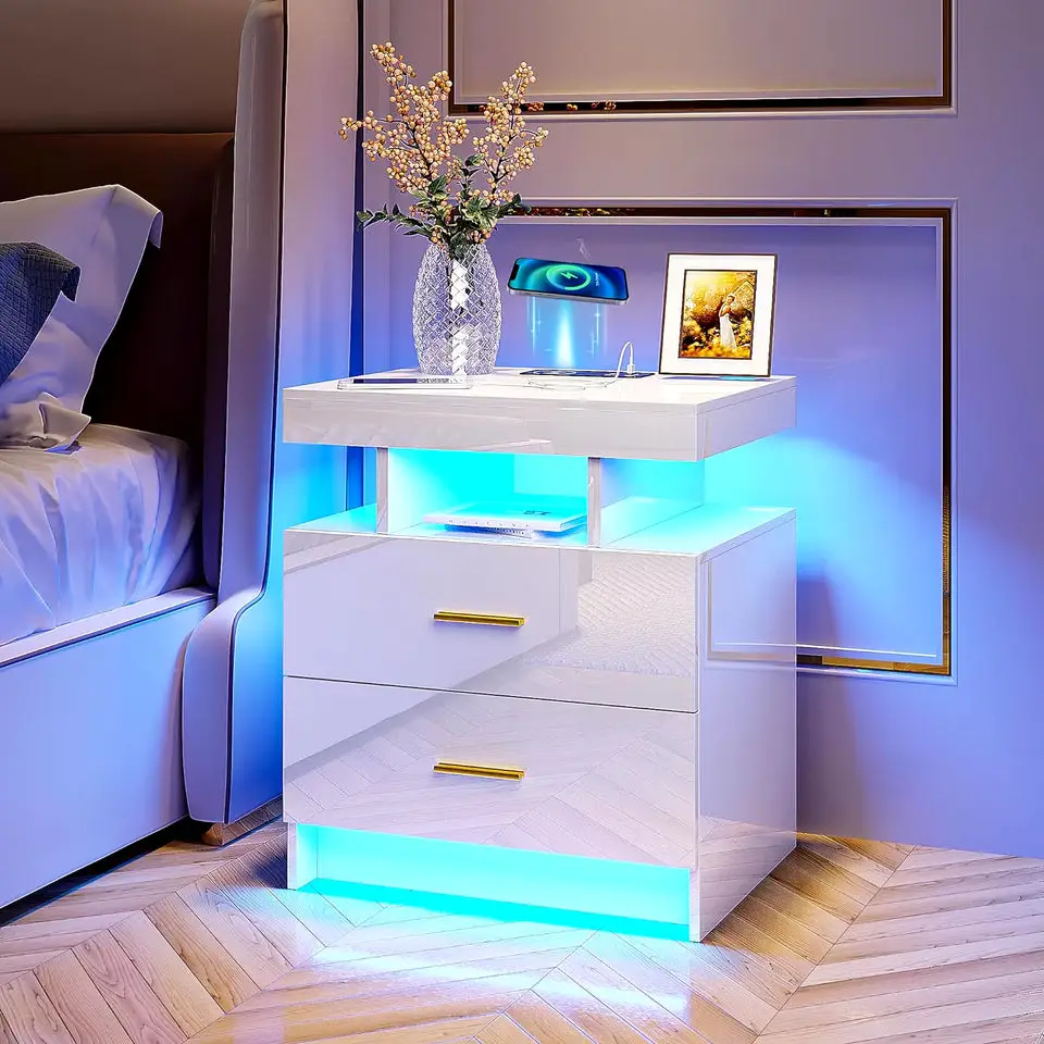 Smart LED Nightstand with Wireless Charging & USB Ports | 3-Color Auto-Sensing Lights, High Gloss Finish & Dual Storage Drawers – The Ultimate Modern