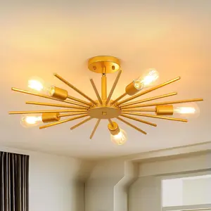 Gold Semi Flush Mount Ceiling Light, 27.5" 5-Light Large Sputnik Modern Mid Century Ceiling Light for Kitchen Entryway Bedroom Living Room