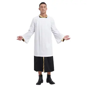 Men Catholic Church Clergy Priest Surplice Vestment Flare Sleeve Pleated Robe Cotta for Choir Worship Halloween Party Cosplay