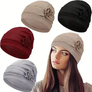 Women's 4-Piece Polyester Turban Hats - Pleated, Slip-On, Soft All-Seasons Sleep Caps, Turban Head Wrap for Women, Ideal for Sports & Outdoor Use Minimalist Headwear Adjustable Caps Machine Made Cap