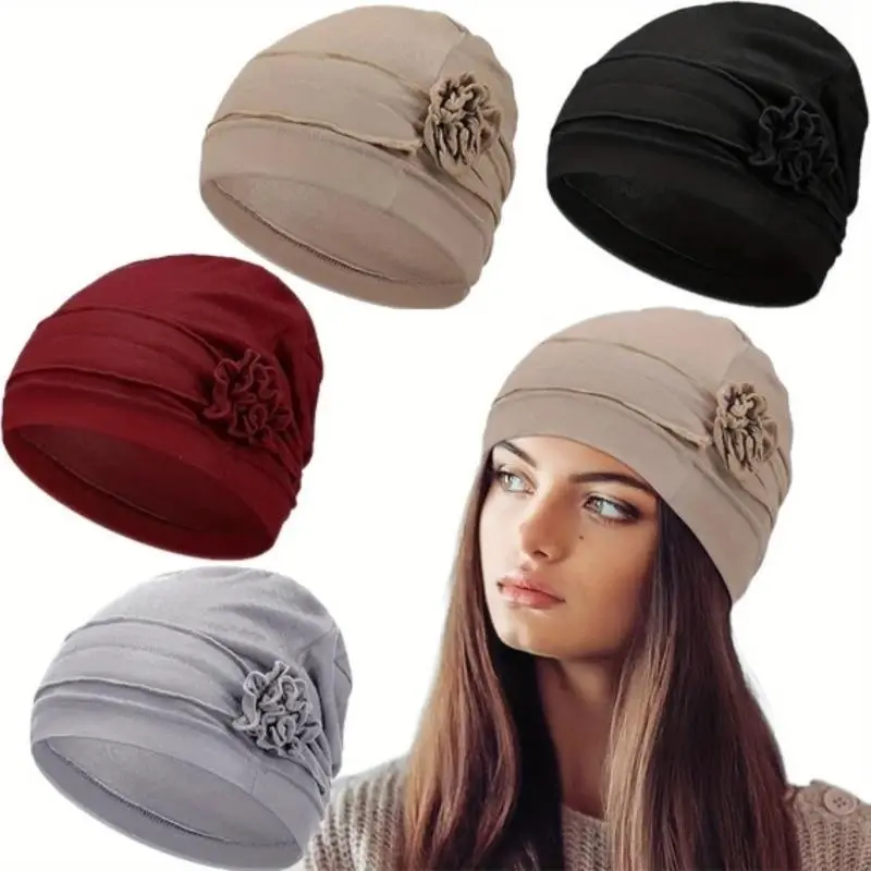 Women's 4-Piece Polyester Turban Hats - Pleated, Slip-On, Soft All-Seasons Sleep Caps, Turban Head Wrap for Women, Ideal for Sports & Outdoor Use Minimalist Headwear Adjustable Caps Machine Made Cap