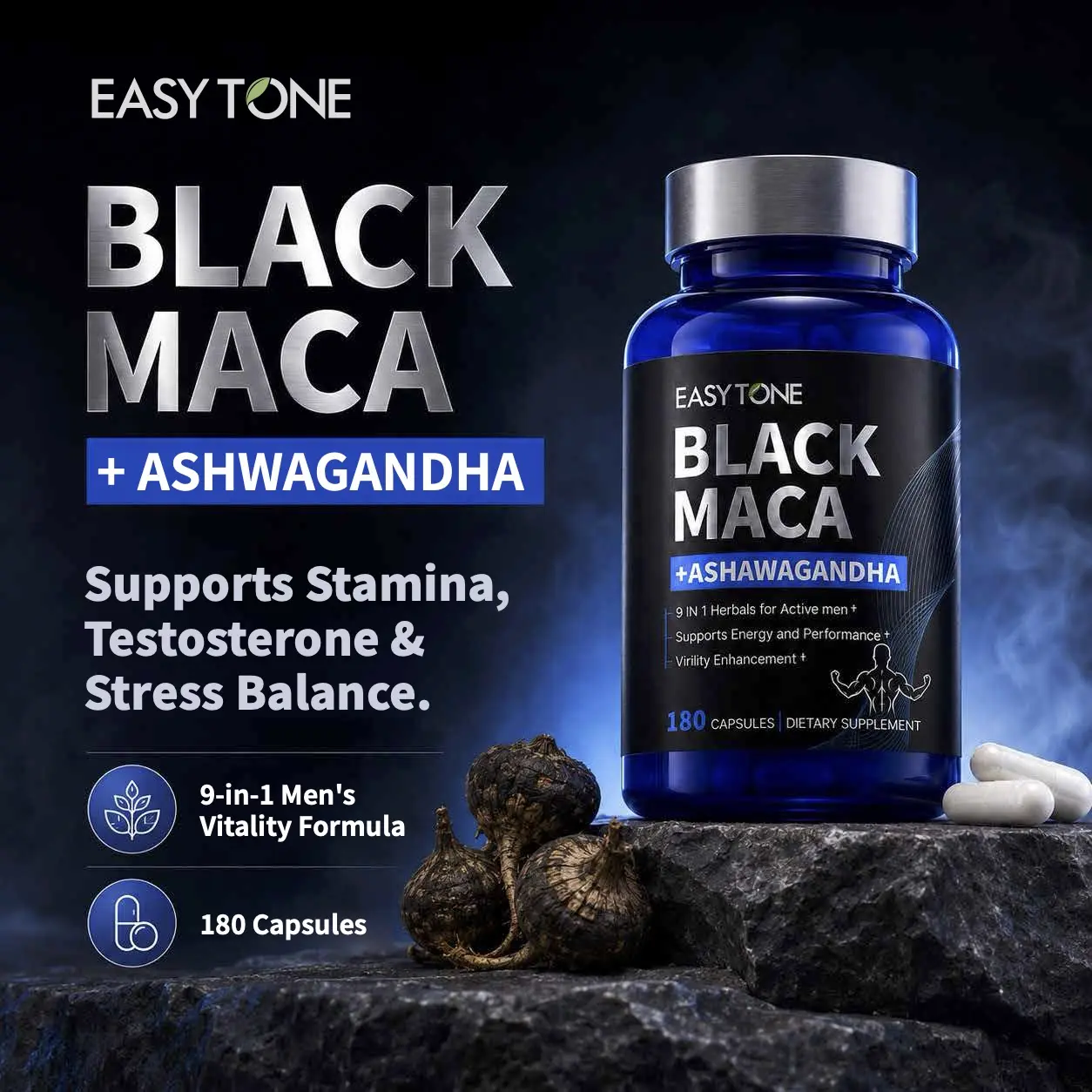 EasyTone Black Maca Complex for Men with Ashwagandha, Tongkat Ali, L-Arginine, Zinc & Vitamin B6, Daily Energy and Vitality Support, 60 Capsules, 30 Servings，NATURAL, NON-GMO, GMP