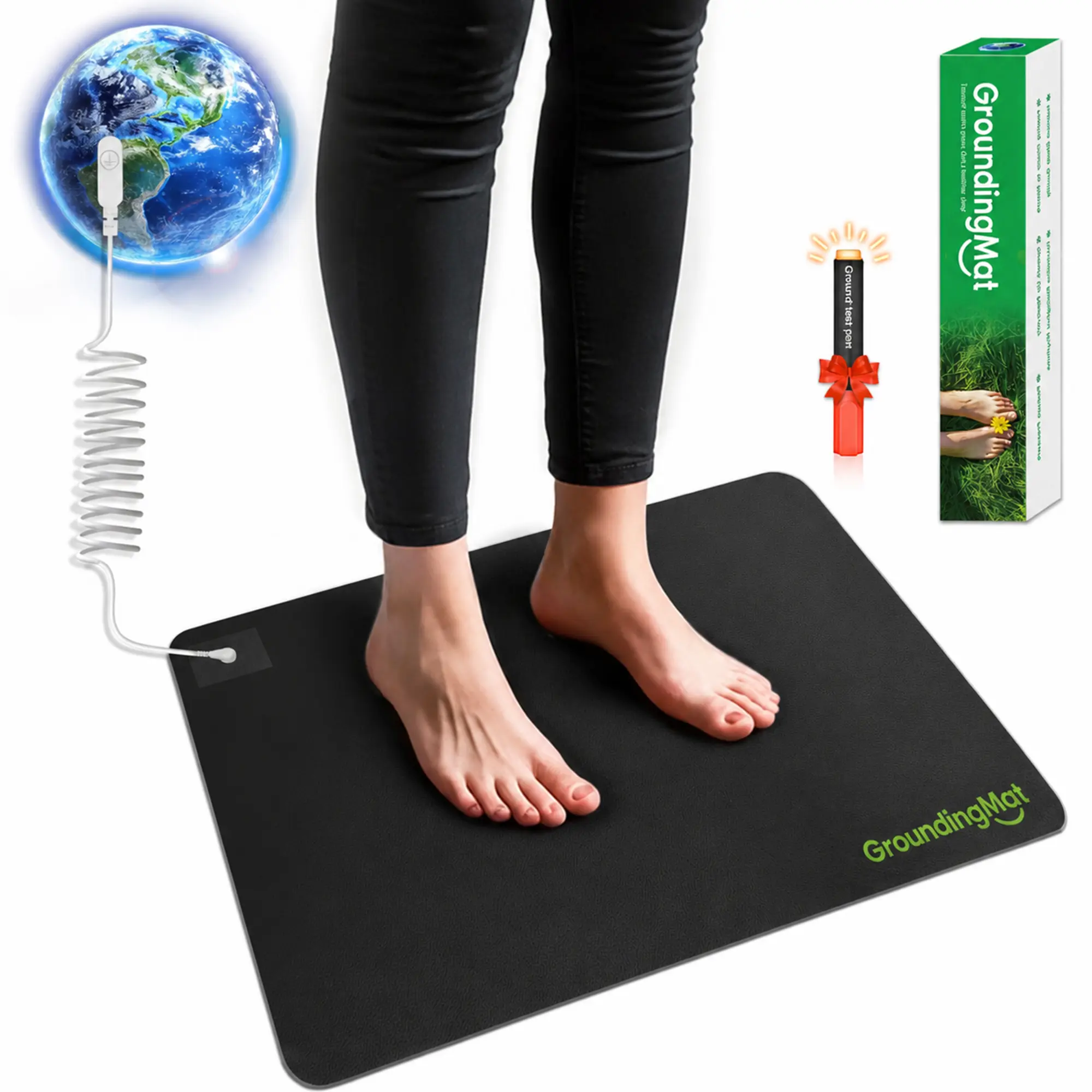 Groundbam Grounding Mat, Earthing Mat for Sleep, Non-Slip PU Leather Earthing Pad with Grounding Cord, Indoor Grounding Pad for Home Office Work, Black,16*24 in