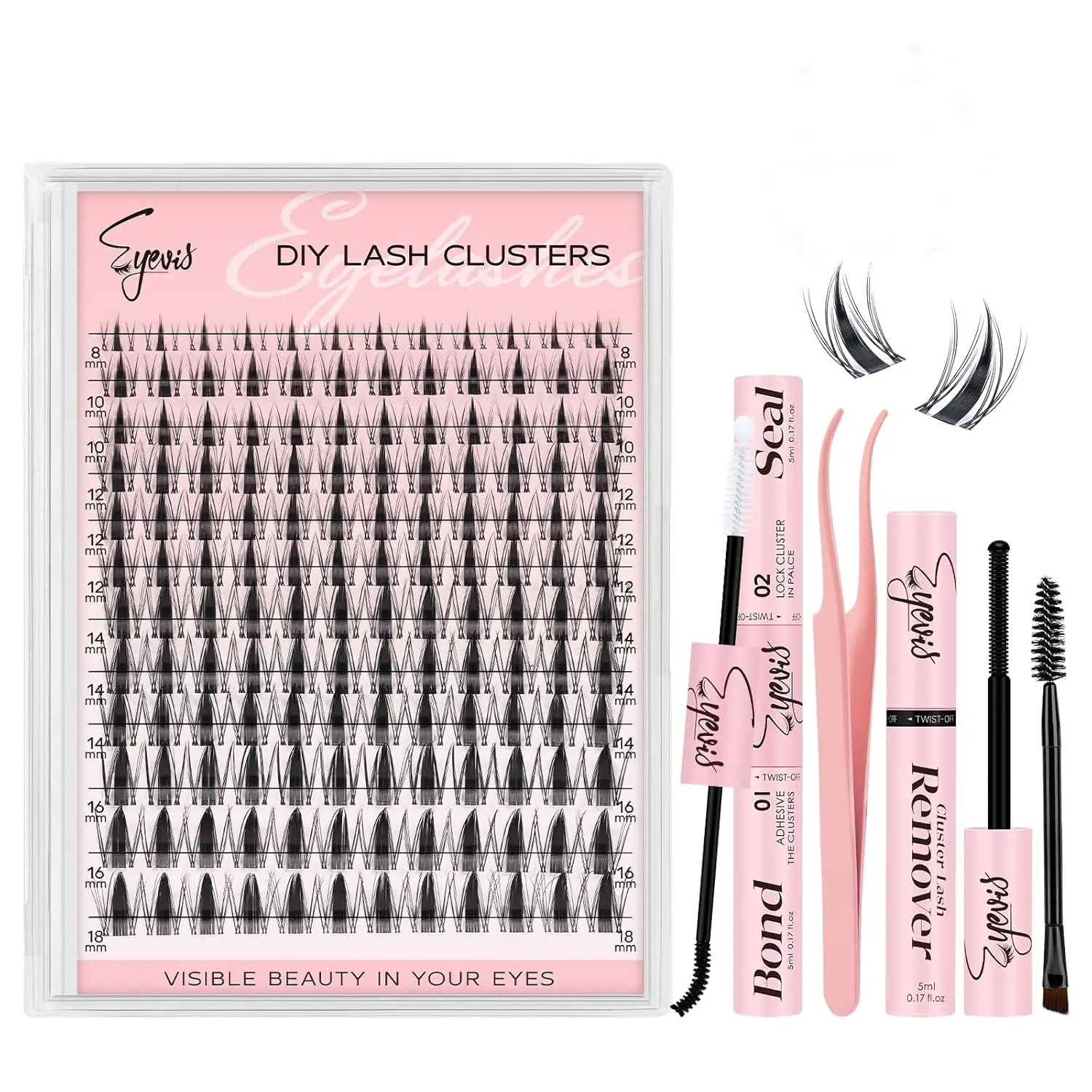 144pcs Fairy Lash Clusters Extension Kit - Ultra-Thin Invisible Band C-Curl DIY Lash Kit 8-18mm with Tweezer Remover Glue