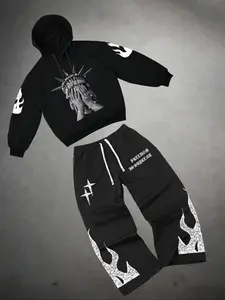 Men's Fashion Casual Two-Piece Set, Casual Outfit Set, Lady Liberty Graphic Hoodie and Drawstring Wide Leg Pants, Spring Fall Winter Sports Wear