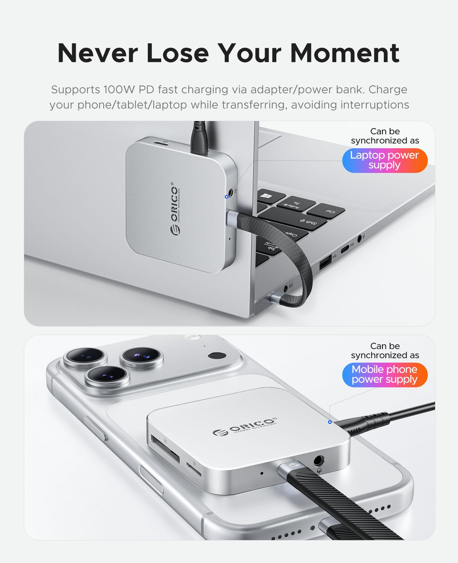 ORICO Ultra-Thin Magnetic SD Card Reader for iPhone 17/16/15 Series/iPad/MacBook, USB C Camera  with SD/TF 3.0 Solt, 100W PD Pass-Through