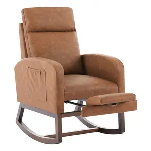 Modern High Back Nursery Rocking Chair with Foot Rest and Side Pocket - Upholstered Fuzzy Glider Armchair for Dining Service and Lounge Areas - Plain Wood Base