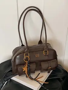 Stylish  simple   personalized bowling bag-type design casual everyday joker shoulder bag, niche design shoulder bag   double pocket retro joker multicolor optional, suitable for daily commuting, shopping and dating, etc. Elegant Shoulder Bag