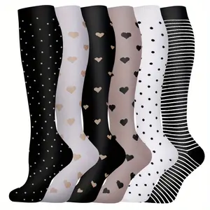 6 Pairs Knee-High Compression Socks 15-25mmHg Circulation Support for Running & Cycling - Striped & Heart Pattern Design, Polyester-Spandex Blend, All-Season, Black & Multi-Color Options, Complete Compression Socks, Athletic Kneehighs, Play
