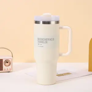0oz Tumbler with Handle, Straw, Lid, Stainless Steel Vacuum Insulated Water Bottle Adventure Travel Mug Quencher for Iced Coffee, Hot and Cold Tea, Beverage (40oz Beige
