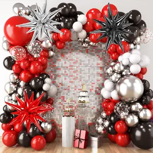 Red and Black Balloon Arch Kit, 2026 Graduation Decorations Balloons, 140pcs Red Black and Metallic Silver Confetti Star Latex Balloons for Birthday Wedding Decorations