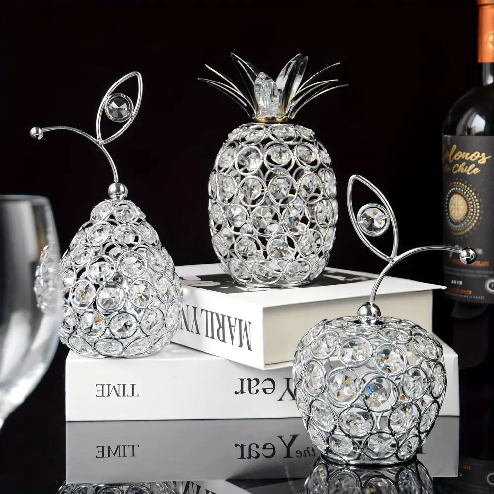 Silver 3-Piece Transparent Crystal Metal Hollow Fruit Ornament Set - Handmade Pineapple & Pear Decor, Candle-Holding Table Centerpieces for Wedding, Mother's Day, Housewarming Decorations (Home & Festive Supplies)