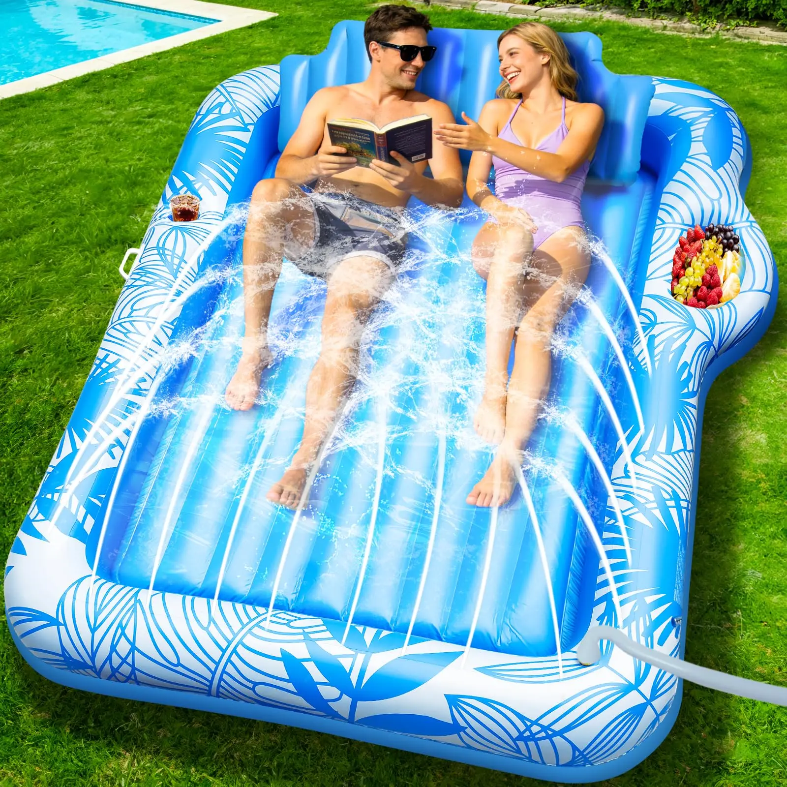 83" X 60" Inflatable Tanning Pool Lounger Float with Sprinkler for Adults | Extra Large Pool Float with Pillow&Drink Holder, 6 in 1 Suntan Tub Raft Floatie Toy, Sunbathing Water Filled Tanning Bed
