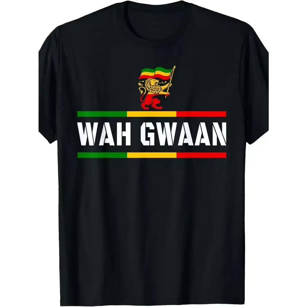 Women's Wah Gwaan Jamaica Rastafari Roots Reggae T-Shirt - 2025 Summer Everyday Casual Fashion Dress-Inspired Top, Short Sleeve Round Neck, Soft Breathable Cotton, Slight Stretch, Regular Fit, Vintage Printed, Unisex Layer Top with Durable Seams