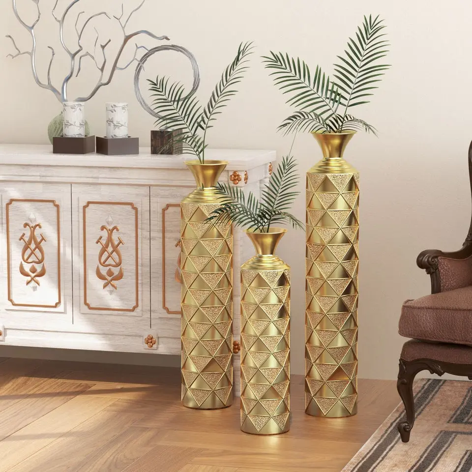 Metal decorative vase High Distress Metal center vase with 3D triangle pattern, set of 3 vases for home decoration 33.5 ", 29.5 ", 25.2 "high, gold