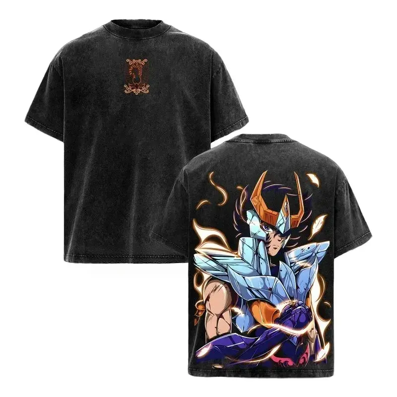 Unisex Bronze Saints Phoenix Ikki Vintage Acid-Wash Oversized T-Shirt - Retro Saint Seiya Anime Art Graphic Tee, Double-Sided Soft Heavy Cotton, Faded Texture Streetwear Top, Valentine's Day Gift Essential, Soft Cotton