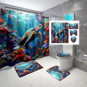 Turtle Pattern Shower Curtains Set,  4 Counts/set Including Shower Curtain & Toilet Lid Cover & Bath Mat & U-shaped Mat, Bathroom Accessories, Shower Curtain Sets