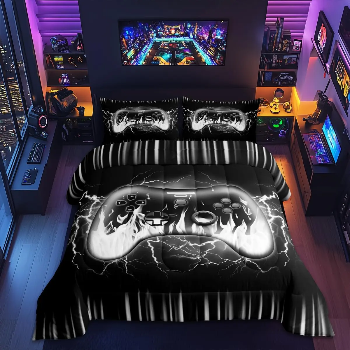 Boys Gaming Gamer Comforter Set,Geometric Video Game Contoller Bedding Set Bedroom Room Decor,Lightnings Fire Gamer Comforter,Gaming Bed Set for All Season