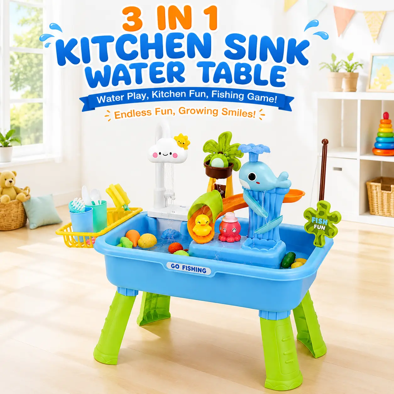 3 In 1 Toddler Kitchen Playset - Miniature Cooking Pretend Playset with Electric Faucet, Water Table, Fishing Game, Kids Toys for Indoor Outdoor Leisure Recreation Equipment -5464, Miniature Set, Cooking Playset