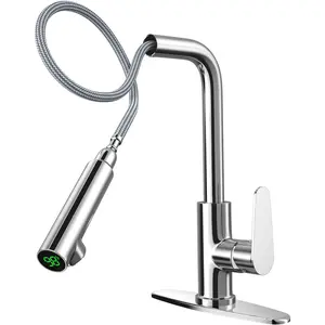JUMRHFAN Pull Down Kitchen Faucet with Digital Temperature Display| High Arc Pull Out Sprayer Chrome