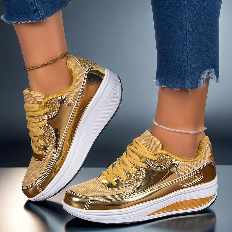 Women's Glittery Golden & Yellow Sneakers - Lightweight, Breathable Mesh Upper, Comfortable EVA Sole for Walking, Running, Yoga & Casual Wear