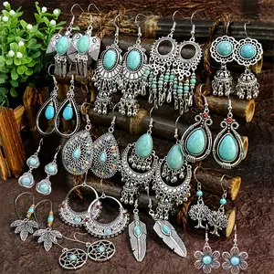 [15 Pairs Bohemian Vintage Earrings] 15 Pairs Bohemian Ethnic Vintage Drop Earrings Set Acrylic Turquoise Dangle Earrings Women Elegant Daily Outfits Party Jewelry Women's Ear Jewelry Accessories