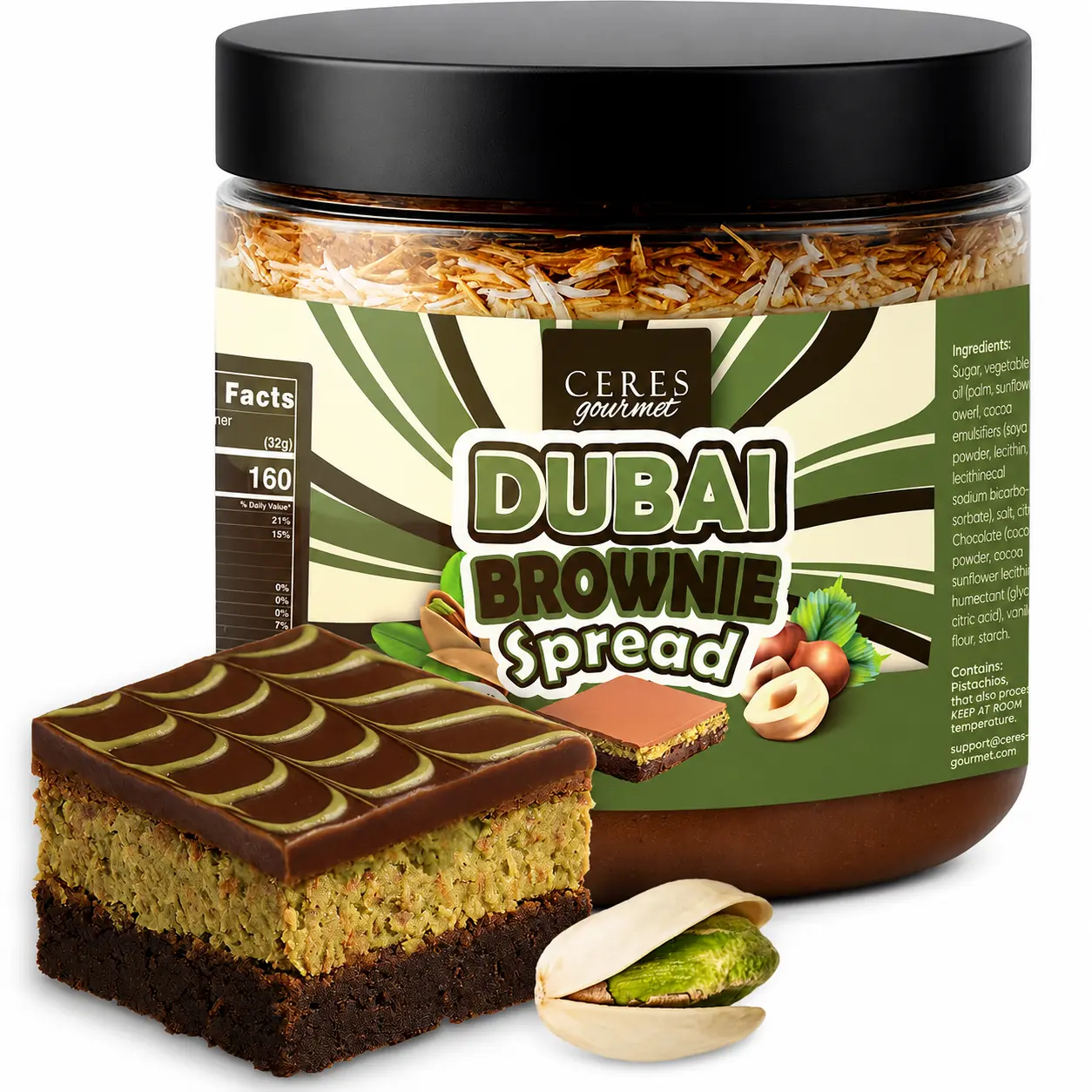 Ceres Gourmet Dubai Chocolate Pistachio Spread with Brownie Bites - 14.1oz Spreadable Dubai Chocolate with Pistachio Cream, Crispy Kataifi and Brownies, Viral Breakfast Snack and Gift Jar (400g)