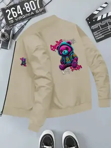 Hip-Hop Graffiti Bear Print Stand Collar Jacket, Comfortable Loose Fit, Spring Autumn Casual Top, Long Sleeve Slim-Fitting