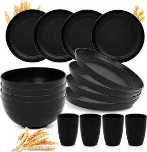16-Piece Wheat Straw Dinnerware Set – Unbreakable Eco-Friendly Dish Set for 4, Microwave & Dishwasher Safe – Plates, Bowls, Cups (Black) Tableware Kit