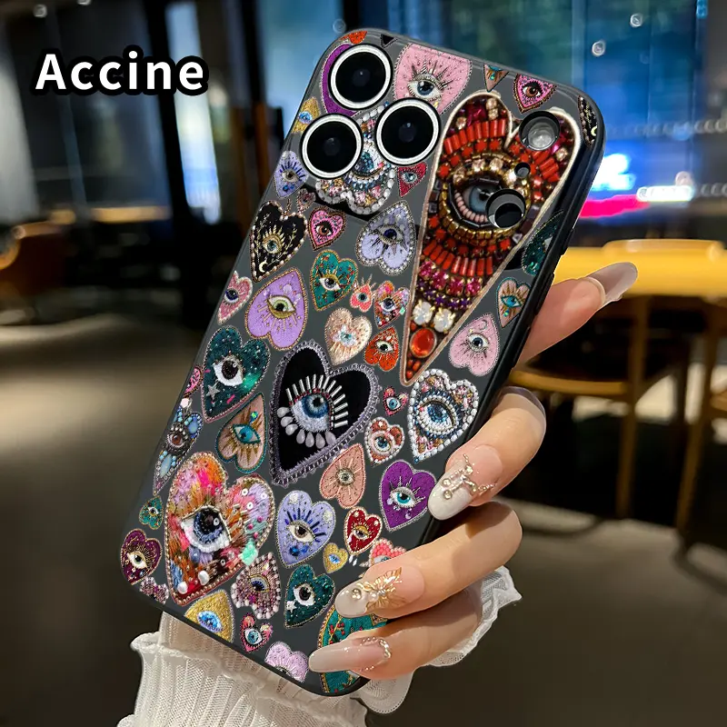 Heart - Eye Embellishments Pattern Straight Edge Phone Case for iPhone 17 15 16 14 Pro Max 13 12 11 XR XS Plus Air E Shockproof Drop Protection Rugged Durable Liquid Silicone Cover Cellphone Protective