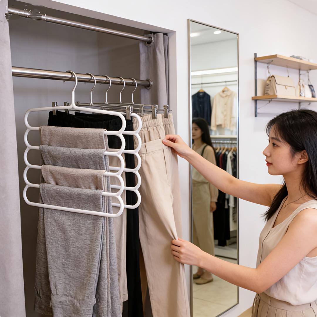 10 Pack 5-Tier Plastic Pants Hanger - Space Saving Closet Organizer with White Hooks, Multi-Functional Hanger for Pants Skirts Scarves, Durable Compact Storage for Apartment