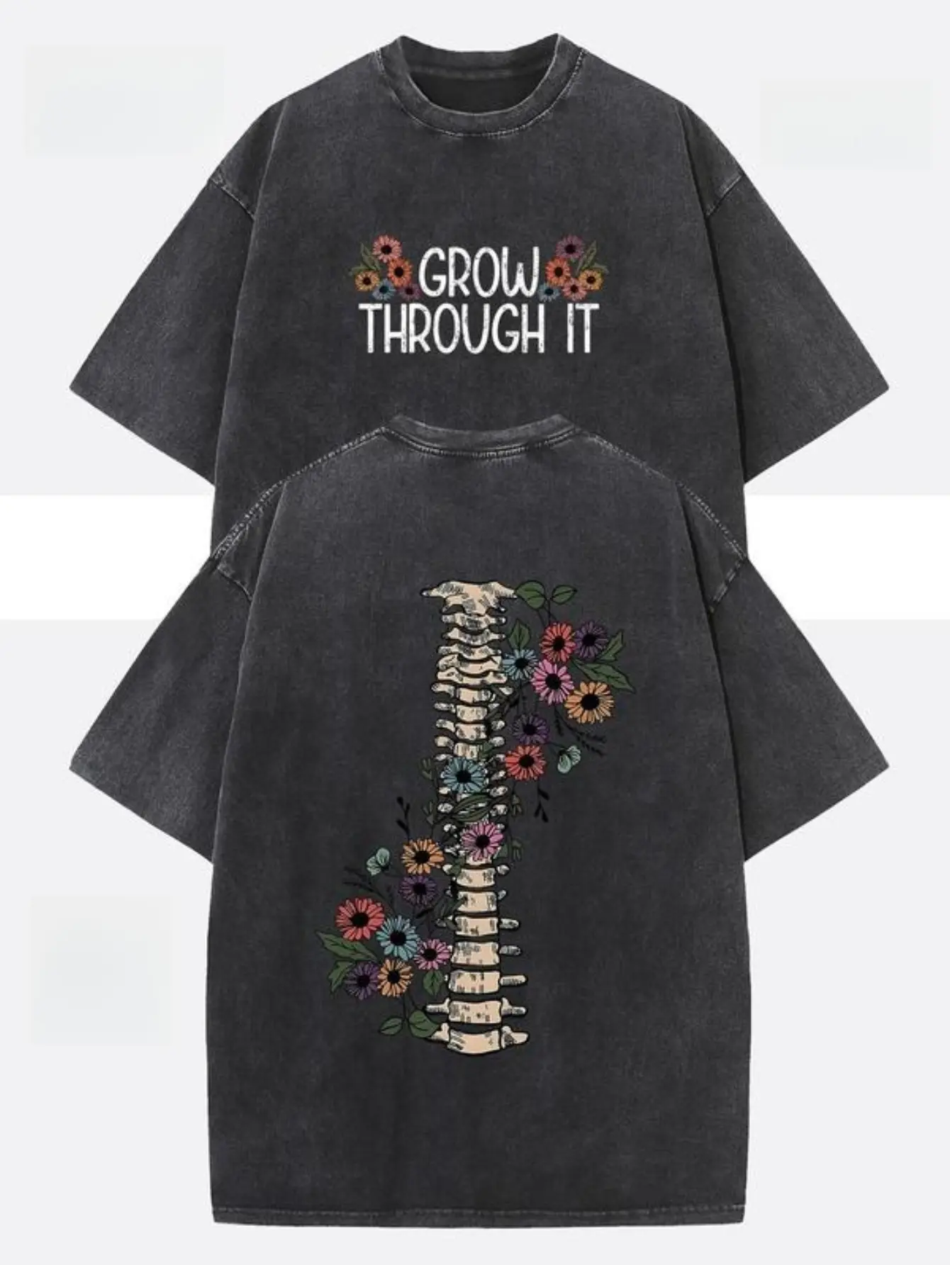 Men's Short-Sleeve Crew (Round) Neck Vintage T-Shirt - Distressed Cotton Top, Unisex Double-Sided "GROW THROUGH IT" Text Graphic & Floral Print, Brace-Ready Loose Fitted Casual Top, Whimsical Vibe, Hand Wash Only, Retro Sports, All Seasons, Crew Neck, Fig