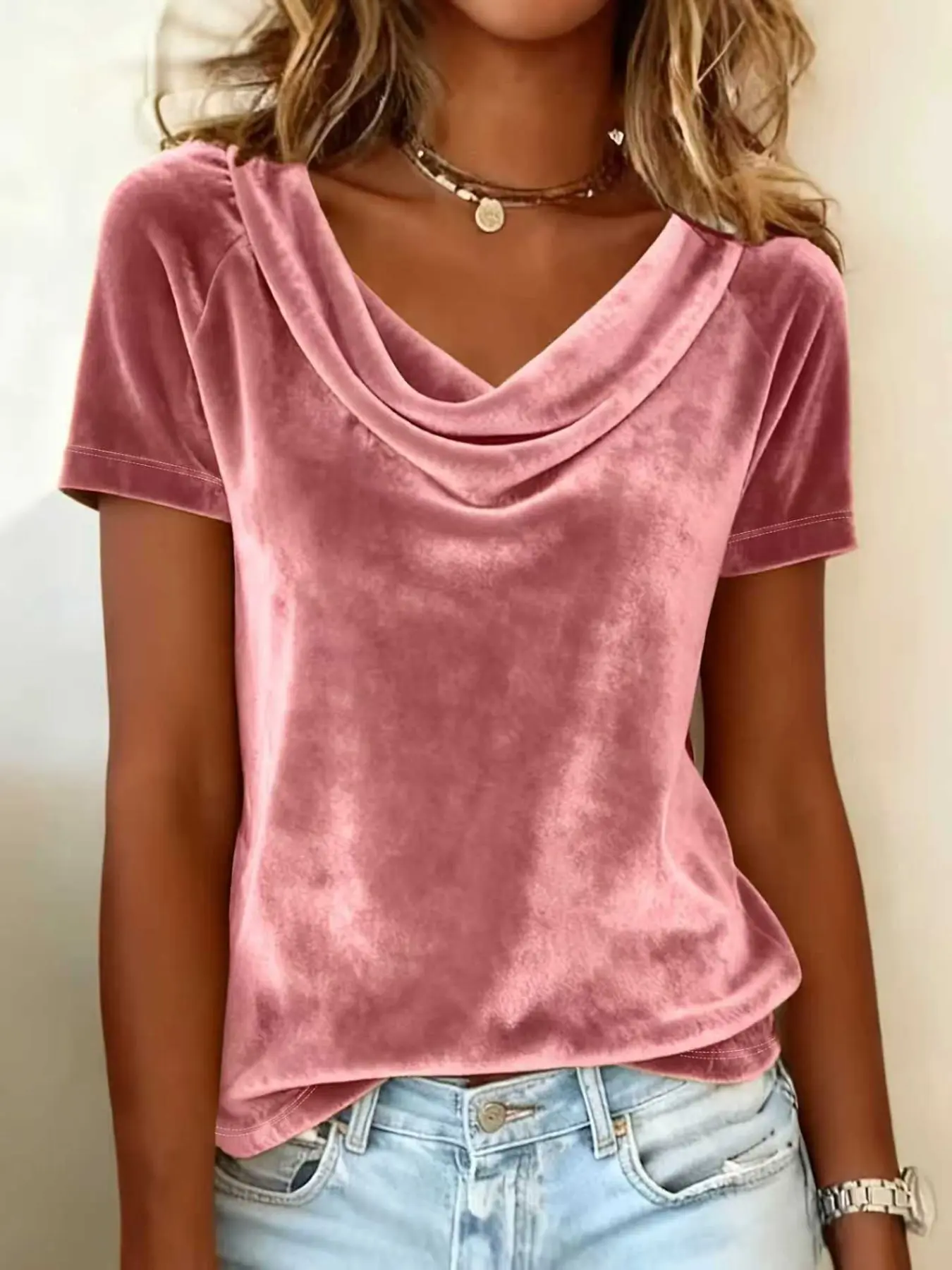 Velvet Cowl Drape Neck Short Sleeve Fitted T-Shirt Tops, Casual Chic Top, Vintage Atmosphere, Slimming Versatile Underwear, Stylish Casual Wear, Casual Tee Shirts for Women