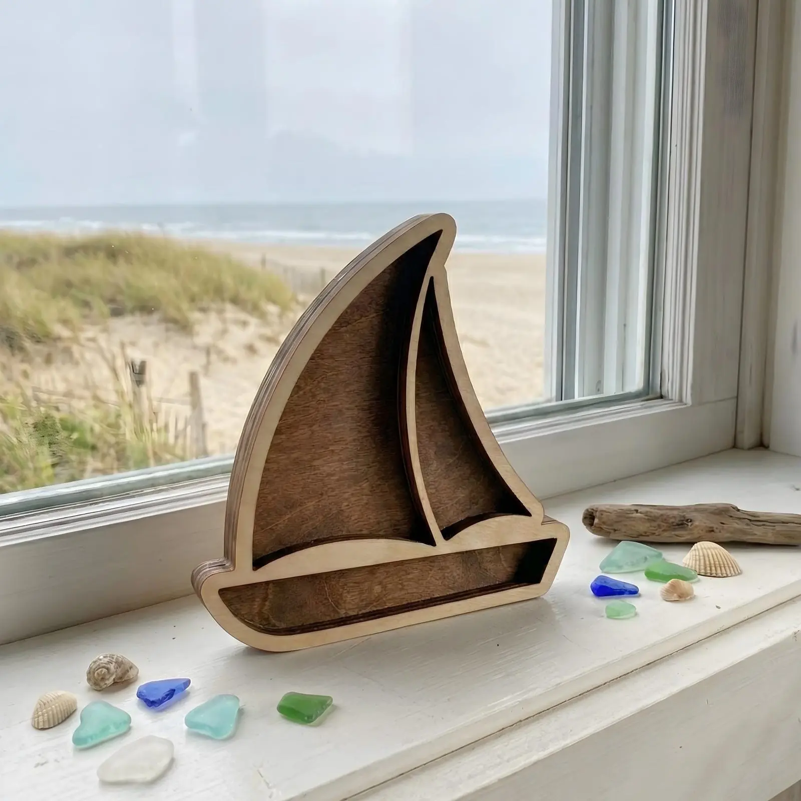 Wooden Sailboat Shadow Box Frame Design for Sea Glass & Shells, 7.87" Nautical Display Case with Walnut Finish, Coastal Beach House Decor, Treasure Box for Shark Teeth & Beach Finds