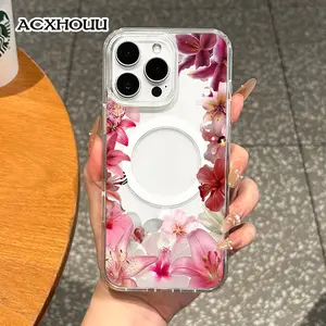Magnetic Coquette Case for iPhone 17 16 E Pro Max 15 Plus 14 13 12 11 XS XR, Pastel Pink Flower Frame Design | Shockproof, Girly, Stylish, Silicone, and Trendy Protection