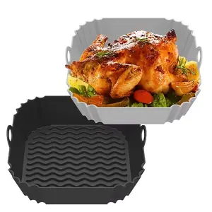 【Two-Piece Set】Square Silicone Air Fryer Liner, Reusable Air Fryer Accessories, Suitable for 4 to 7 Litre (Approx. 20.3cm) Microwave Oven Accessories, Air Fryer Liner, Air Fryer Tray, (Black + Grey), For Air Fryer Accessories