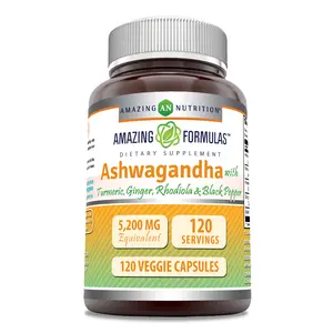 Amazing Formulas Ashwagandha with Turmeric Ginger Rhodiola & Black Pepper 5200 Mg 120 Veggie Capsules Non-GMO Gluten-Free Made in USA