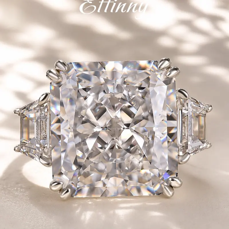 Effinny Luxurious 12.0ct Radiant Cut Three Stone Tarnish-resistance Engagement Ring, 5A CZ Past Present Future Promise Travel-friendly Jewelry for Her