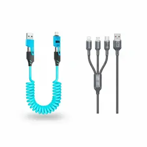 4-in-1 Retractable & 3-in-1 Nylon Charging Cable Bundle, 65W Multifunctional Coiled Cable with USB A, Type-C, Lightning and 120W Braided 1.2m Fast Charger for iOS, Type-C, Micro Devices