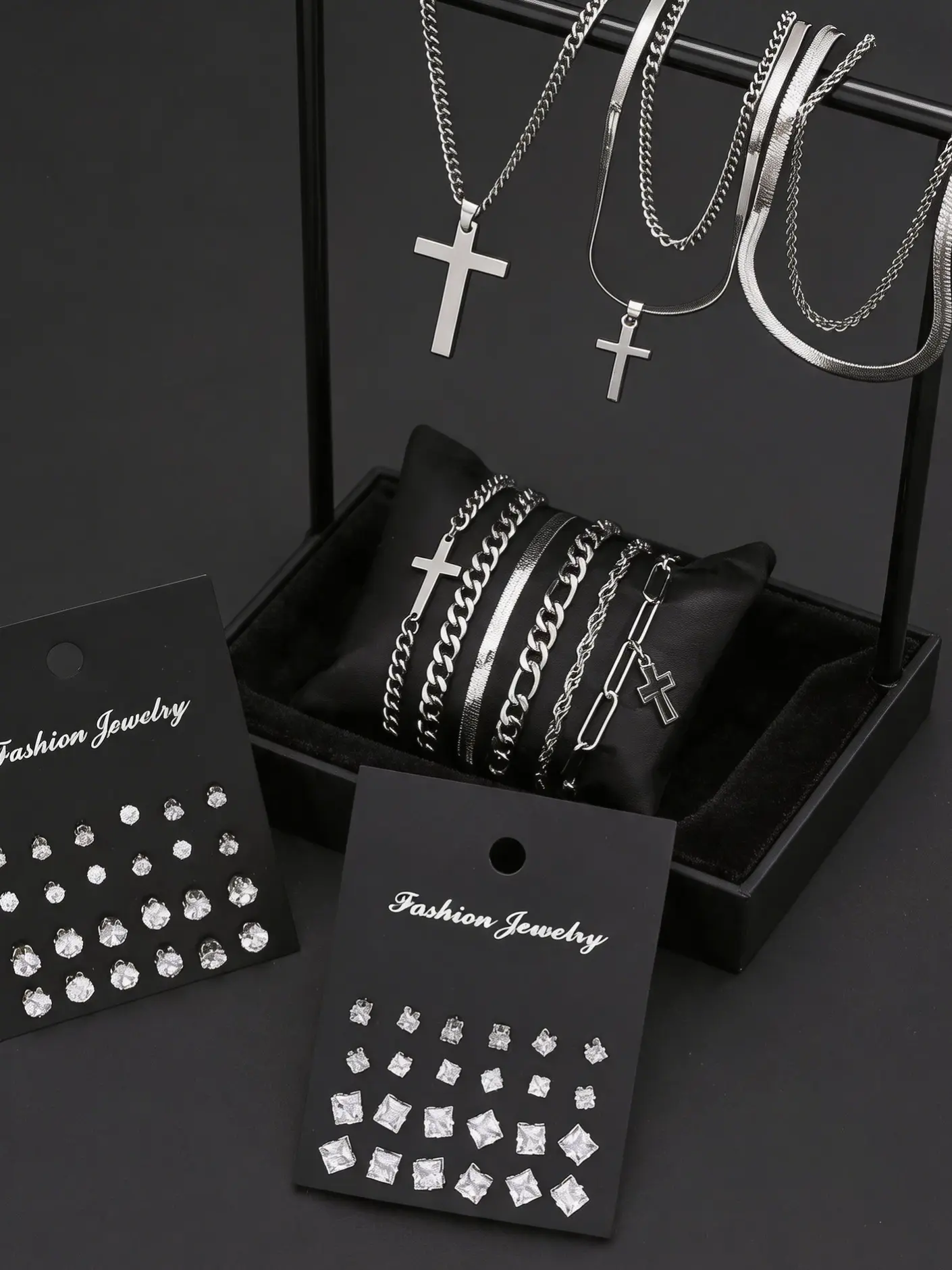 59pcs Men's Jewelry Set, Complete Accessories Set, Cross Zircon Earrings, Necklace, Bracelet, Casual Stainless Steel, All Seasons, Gift for Boyfriend, Dad, Jewellery Gift Set